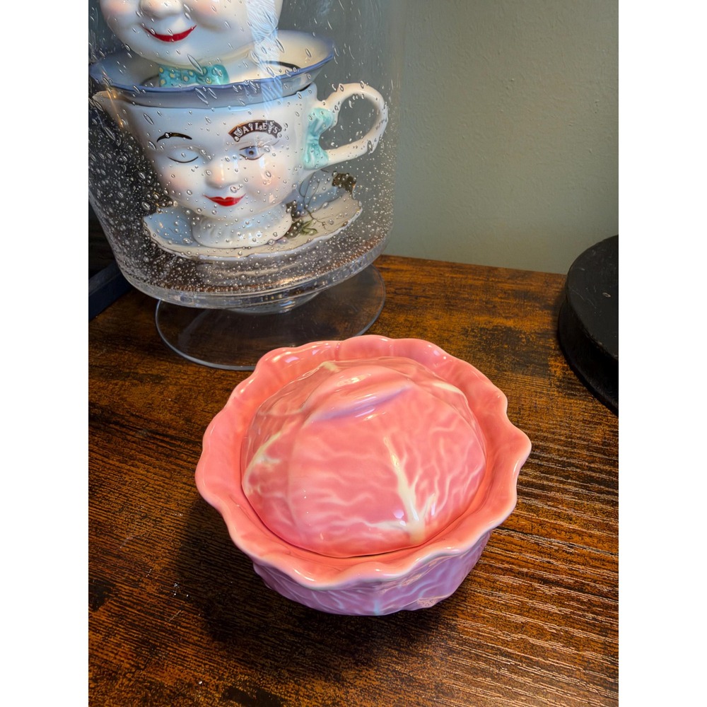 Vintage Pink Cabbage Covered Bowl Ceramic Lettuce Ware Lidded Dish Cottagecore